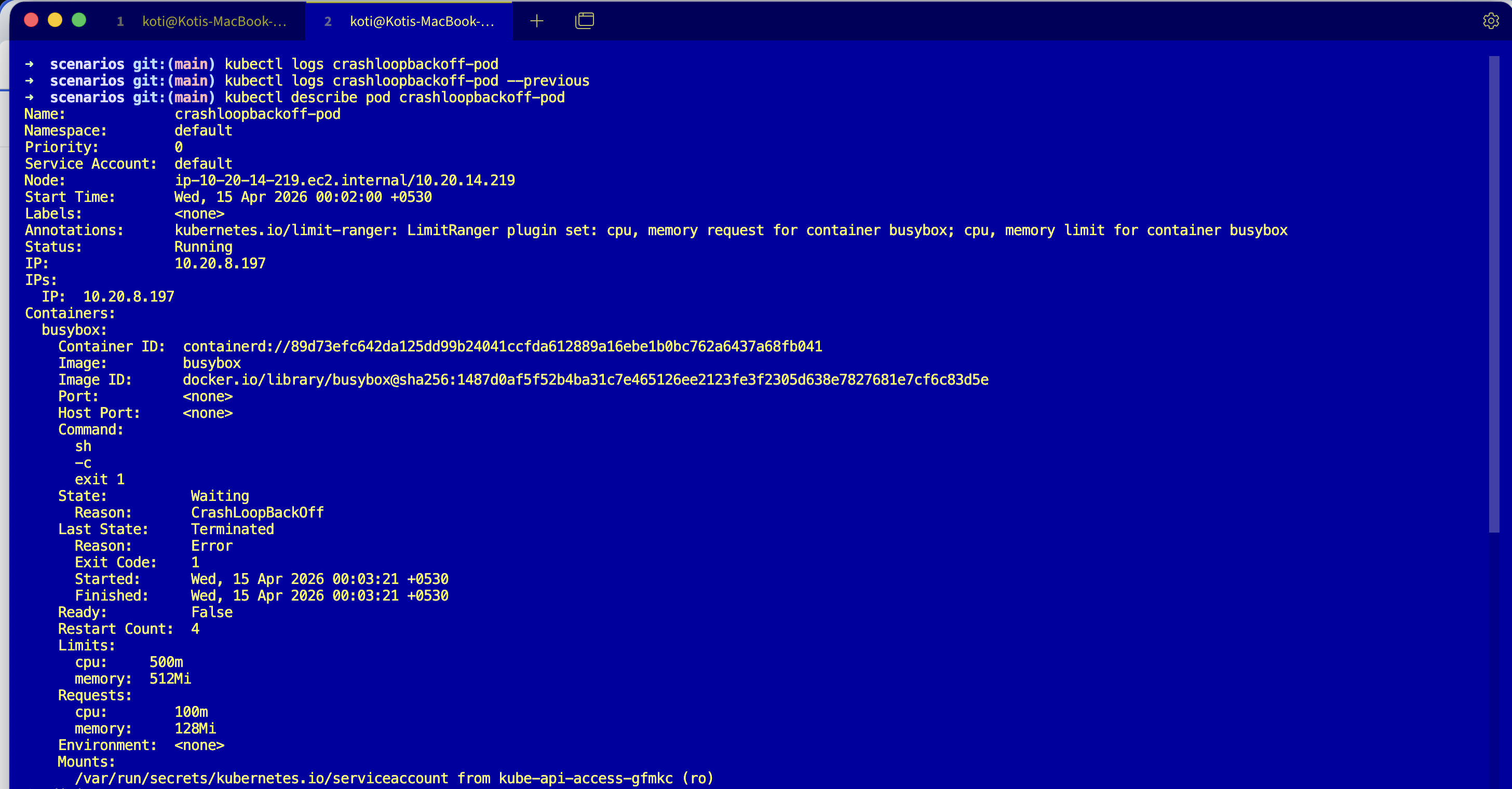 Terminal: kubectl logs crashloopbackoff-pod (empty), kubectl logs --previous (previous container not found), kubectl describe pod crashloopbackoff-pod showing container state Waiting with reason CrashLoopBackOff, Last State Terminated with Exit Code 1 and Reason Error, and the command sh -c exit 1