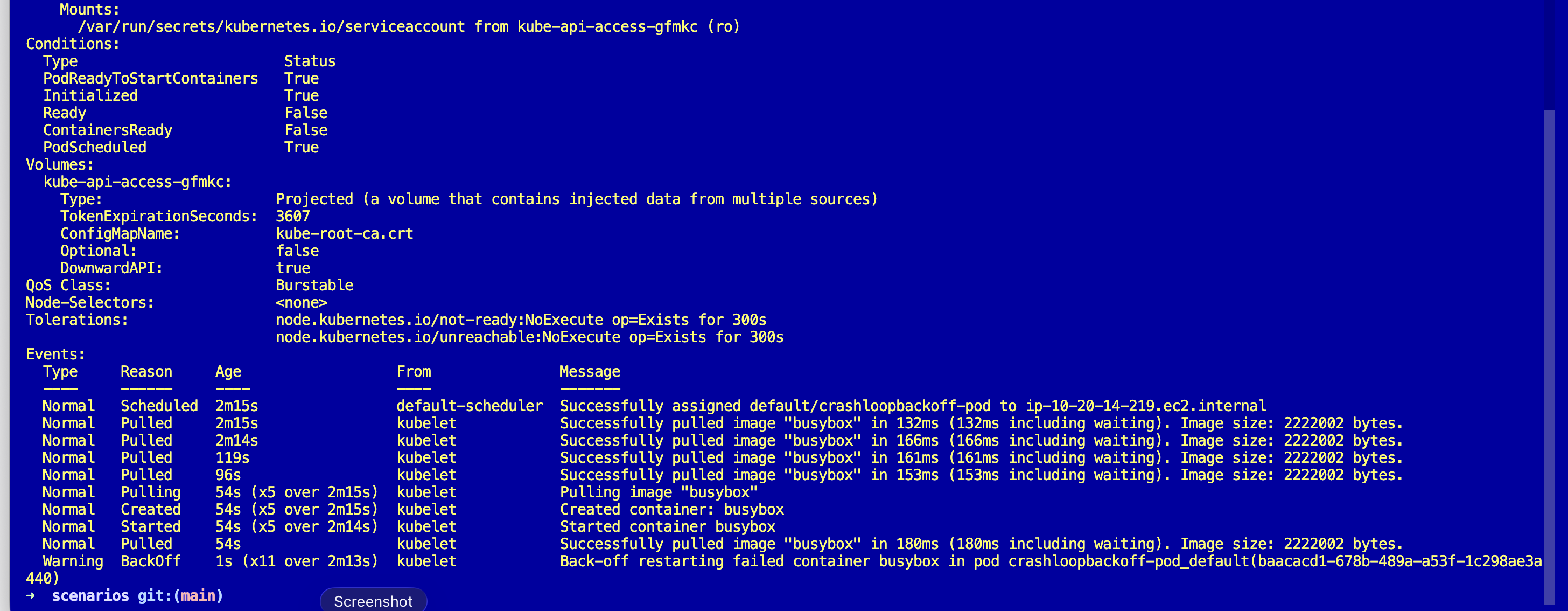 Terminal: bottom half of kubectl describe showing Conditions, Volumes, QoS Class Burstable, and the Events table with multiple Pulled, Created, Started, and Warning BackOff entries