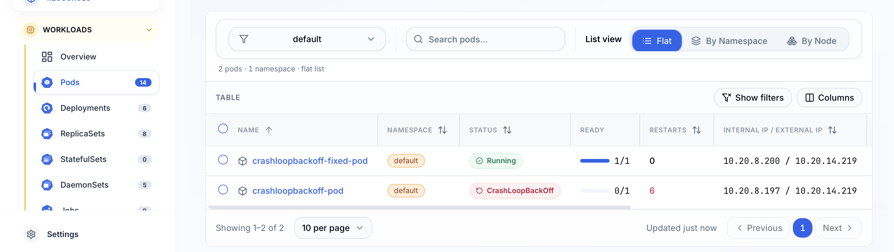 Kubilitics Pods view after applying the fix showing 2 pods — crashloopbackoff-fixed-pod with a green Running status badge, READY 1/1, RESTARTS 0, and the original crashloopbackoff-pod still showing CrashLoopBackOff with 8 restarts