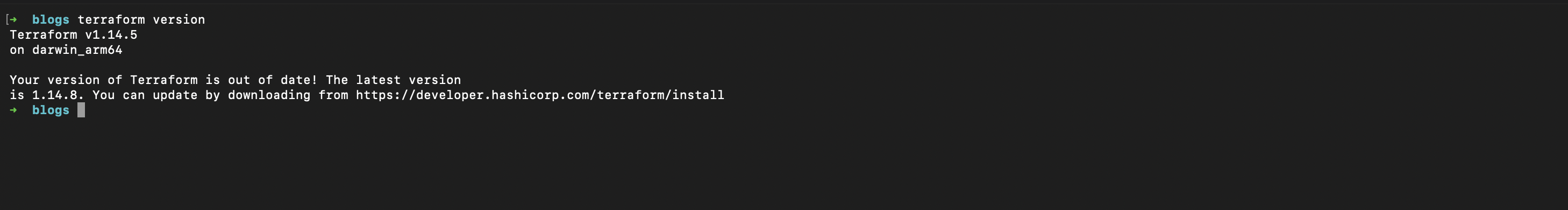 terraform version output in a macOS terminal