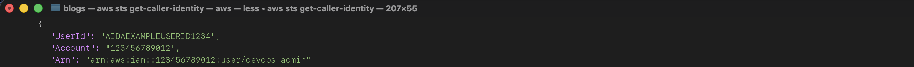aws sts get-caller-identity JSON output with account, user id, and arn