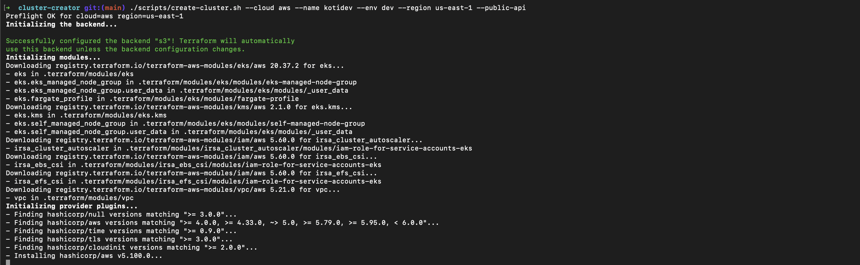 create-cluster.sh running against AWS — Terraform plan and apply output streaming in the terminal