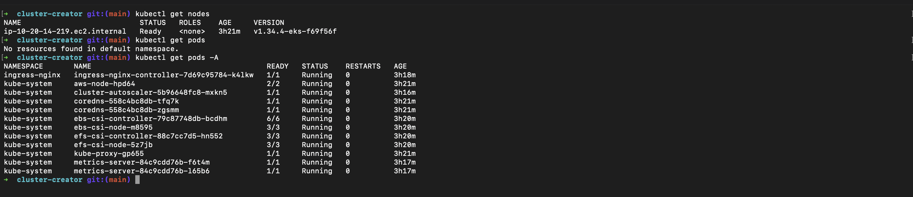 kubectl get nodes and kubectl get pods -A against a freshly provisioned EKS cluster — nodes Ready, kube-system pods Running