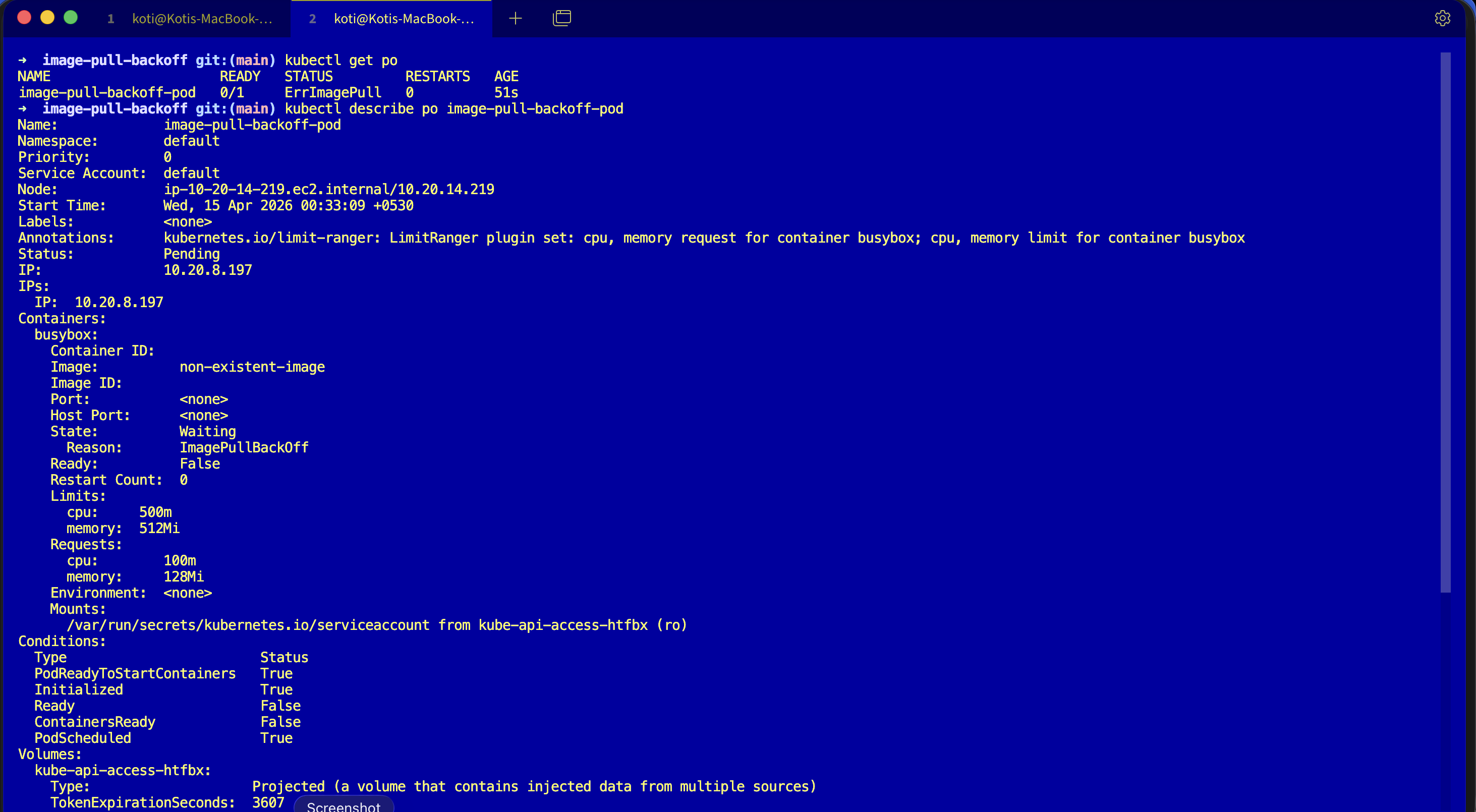Terminal: kubectl describe pod image-pull-backoff-pod showing pod metadata, Image: non-existent-image, Container State Waiting with reason ImagePullBackOff, Restart Count 0, Requests and Limits, and the Conditions block
