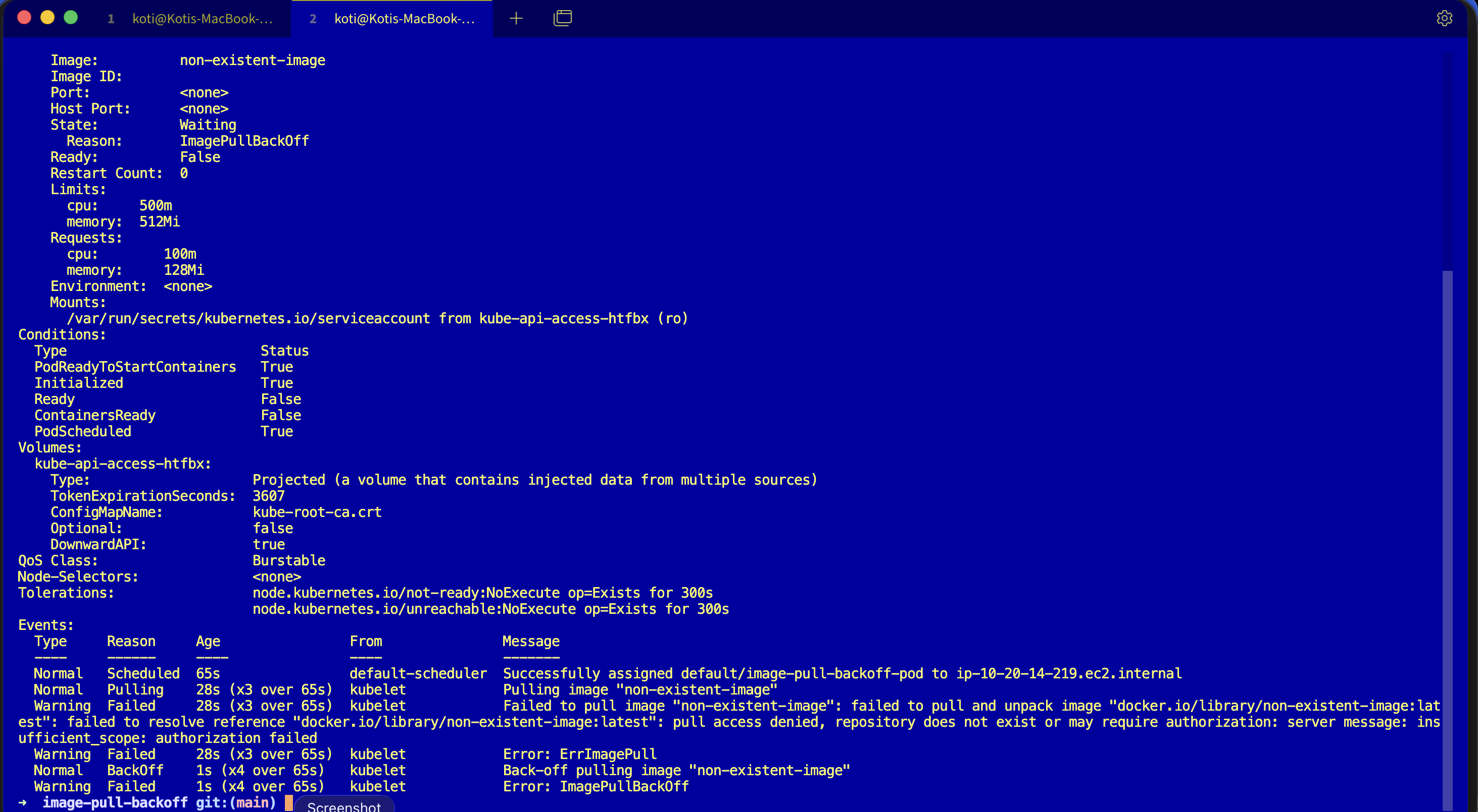 Terminal: bottom half of kubectl describe showing the Events table with Normal Scheduled, Normal Pulling, Warning Failed with pull access denied and repository does not exist message, Warning Failed ErrImagePull, and Warning Failed ImagePullBackOff entries