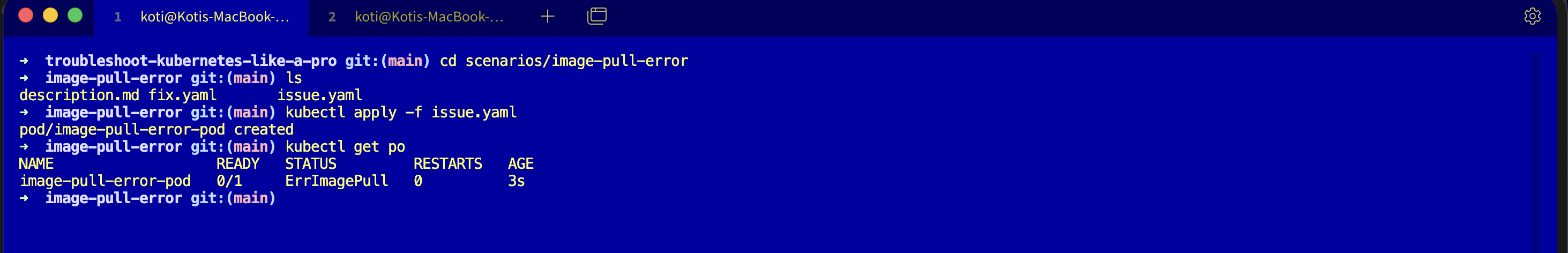 Terminal: cd into scenarios/image-pull-error, ls the folder, kubectl apply -f issue.yaml creates image-pull-error-pod, kubectl get po shows the pod with status ErrImagePull, READY 0/1, RESTARTS 0, AGE 3s