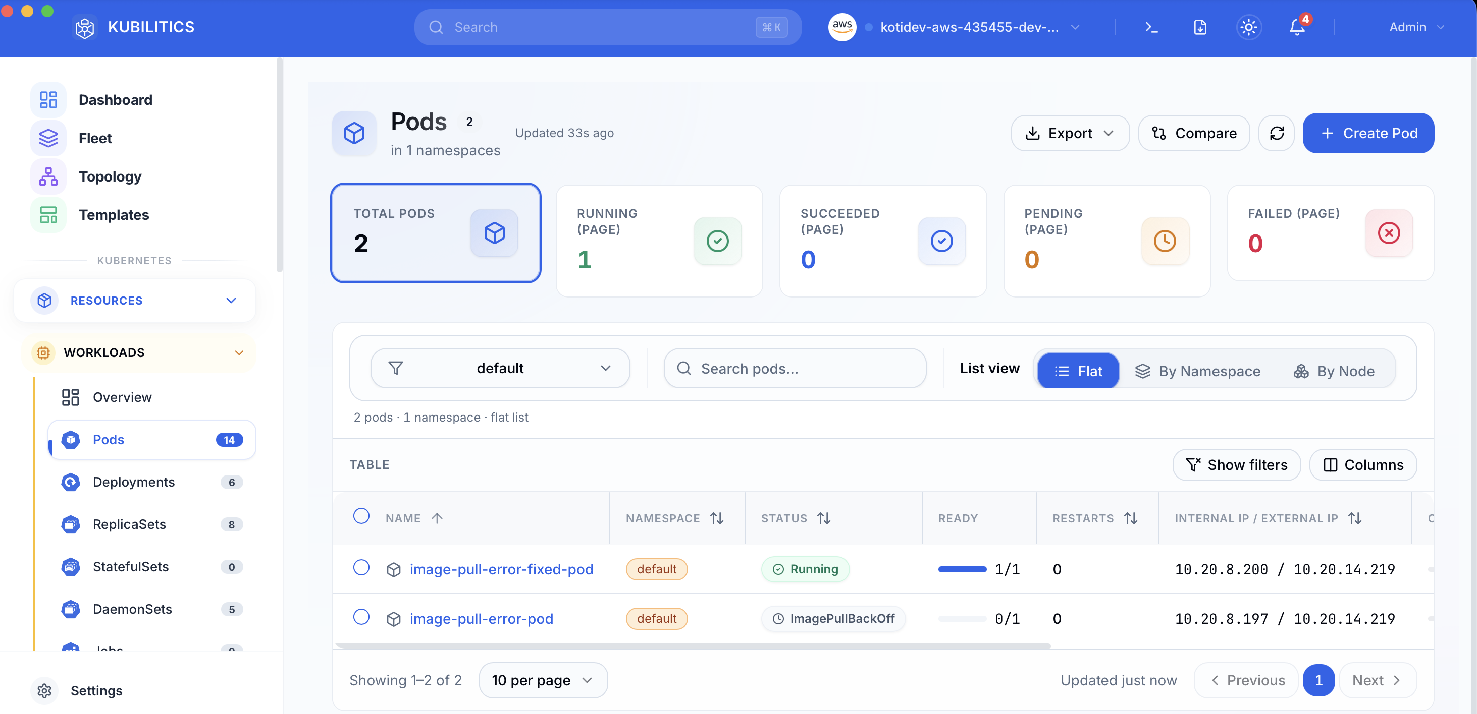 Kubilitics Pods view showing 2 pods and summary cards — 1 running, 0 failed, 0 pending. image-pull-error-fixed-pod shows a green Running badge and READY 1/1. image-pull-error-pod shows an ImagePullBackOff badge and READY 0/1