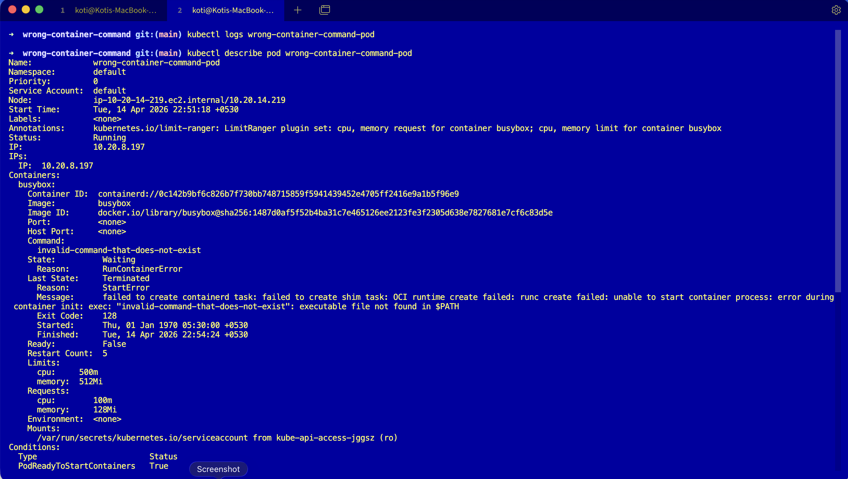 Terminal: kubectl describe pod wrong-container-command-pod output showing the pod spec, container state Waiting with reason RunContainerError, and the runc exec error about invalid-command-that-does-not-exist