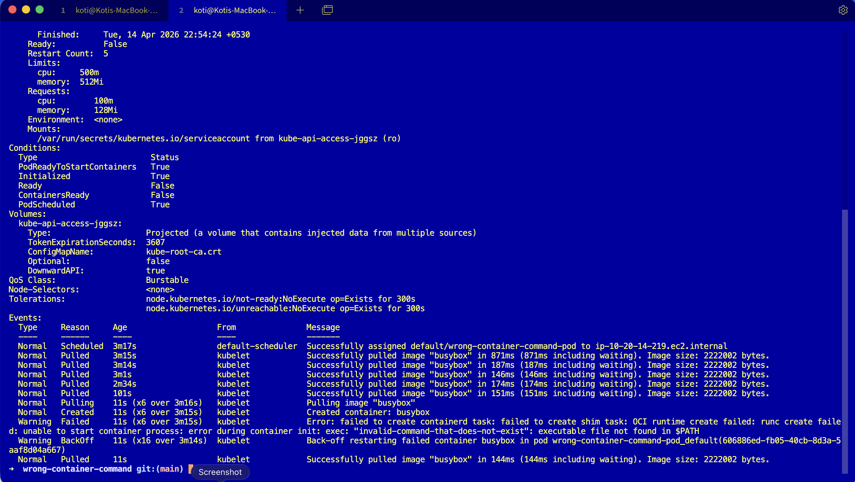 Terminal: bottom half of kubectl describe pod showing the Events table with repeated Normal Pulled, Normal Created, Warning Failed with the runc exec error, and Warning BackOff entries