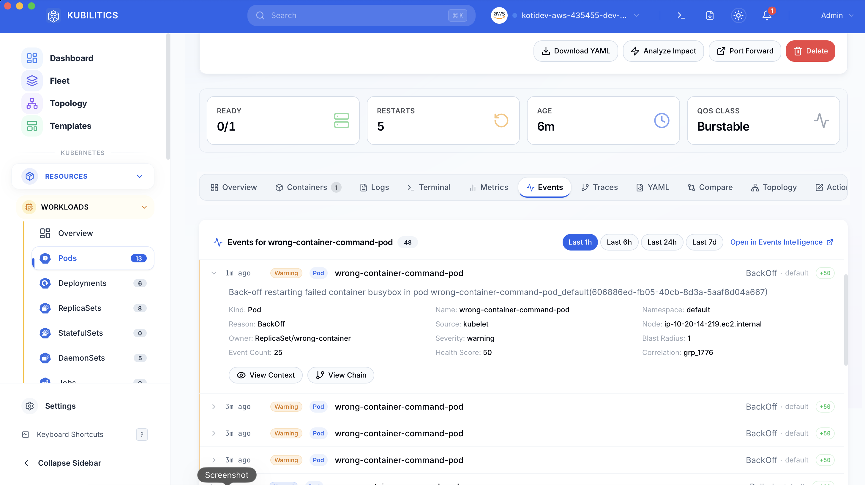 Kubilitics Events tab for the failing pod showing BackOff warning events with timestamps, kind, source, severity, event count, and the specific message about back-off restarting failed container busybox