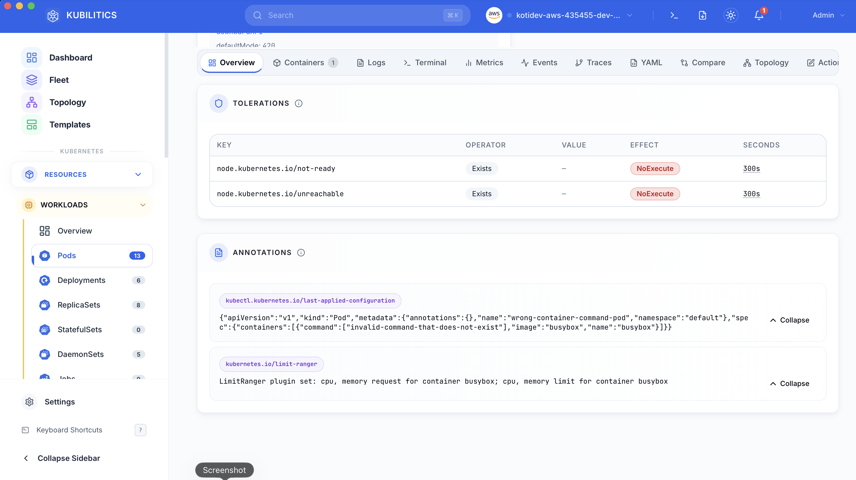 Kubilitics Overview tab showing the pod's Tolerations table and Annotations section with the full pod spec JSON including the command field set to invalid-command-that-does-not-exist