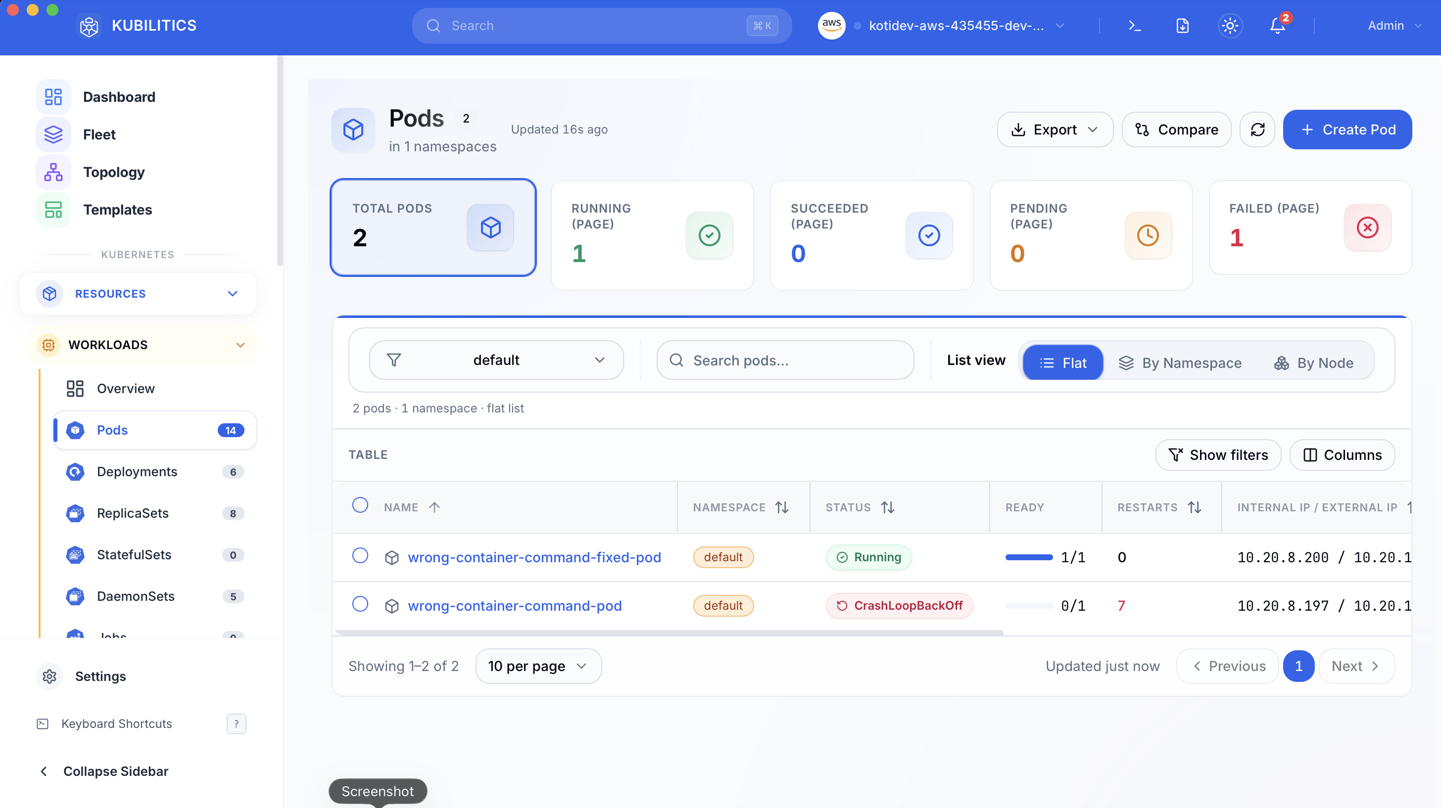 Kubilitics Pods view after applying the fix showing two pods — wrong-container-command-fixed-pod with green Running status and wrong-container-command-pod still showing CrashLoopBackOff